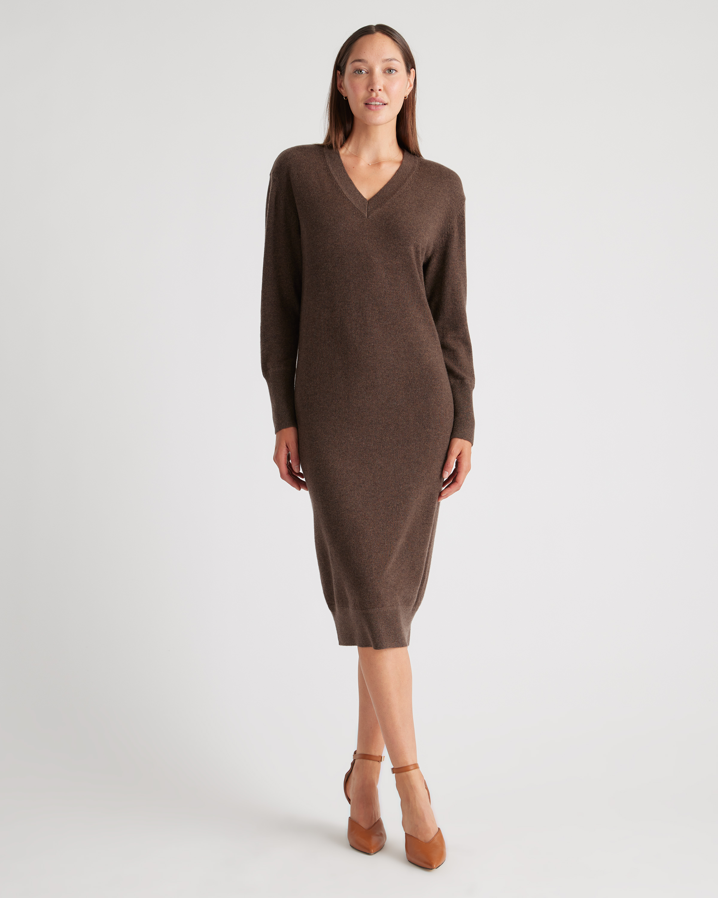 Mongolian Cashmere V-Neck Midi Sweater Dress