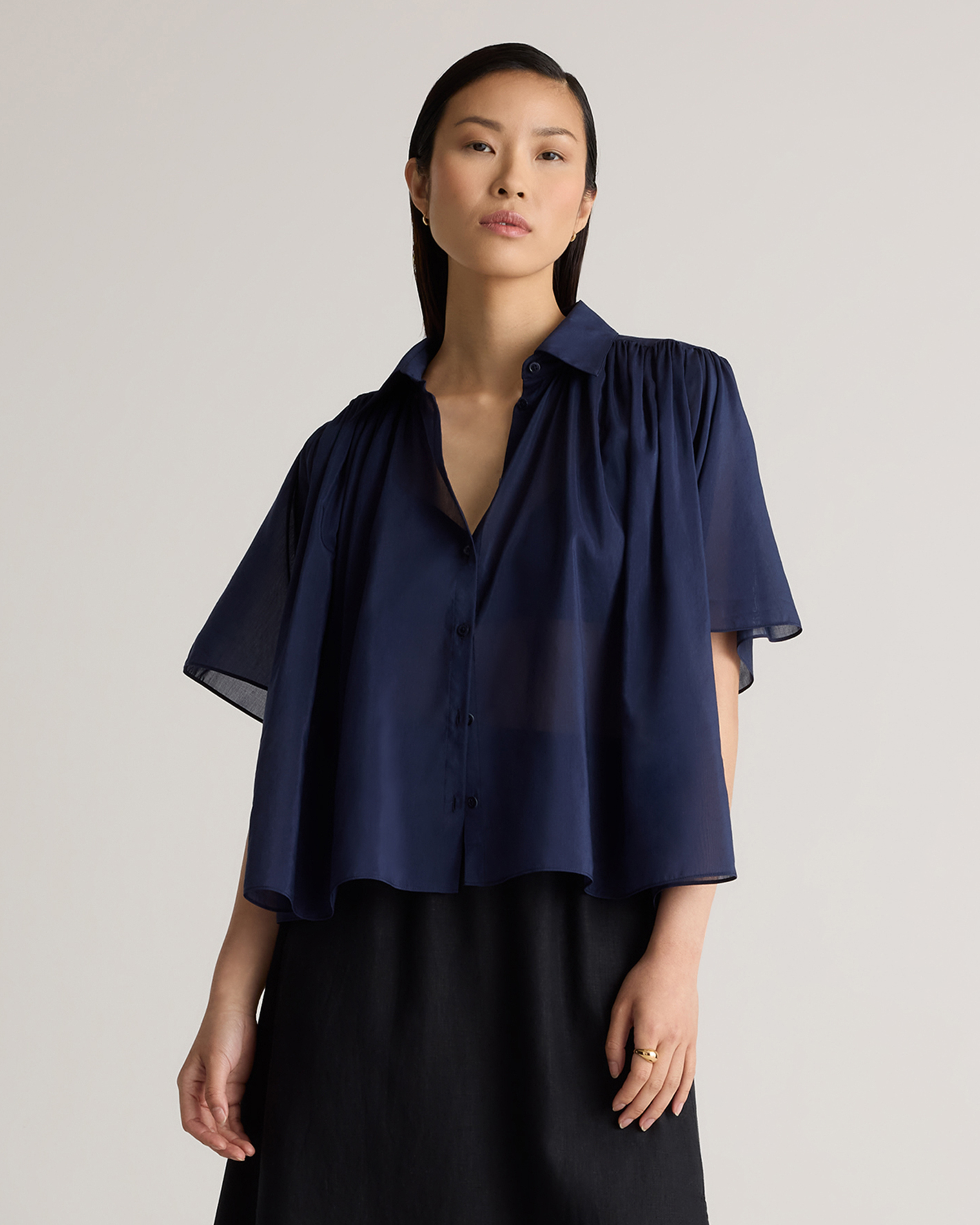 Cotton-Silk Voile Short Sleeve Blouse