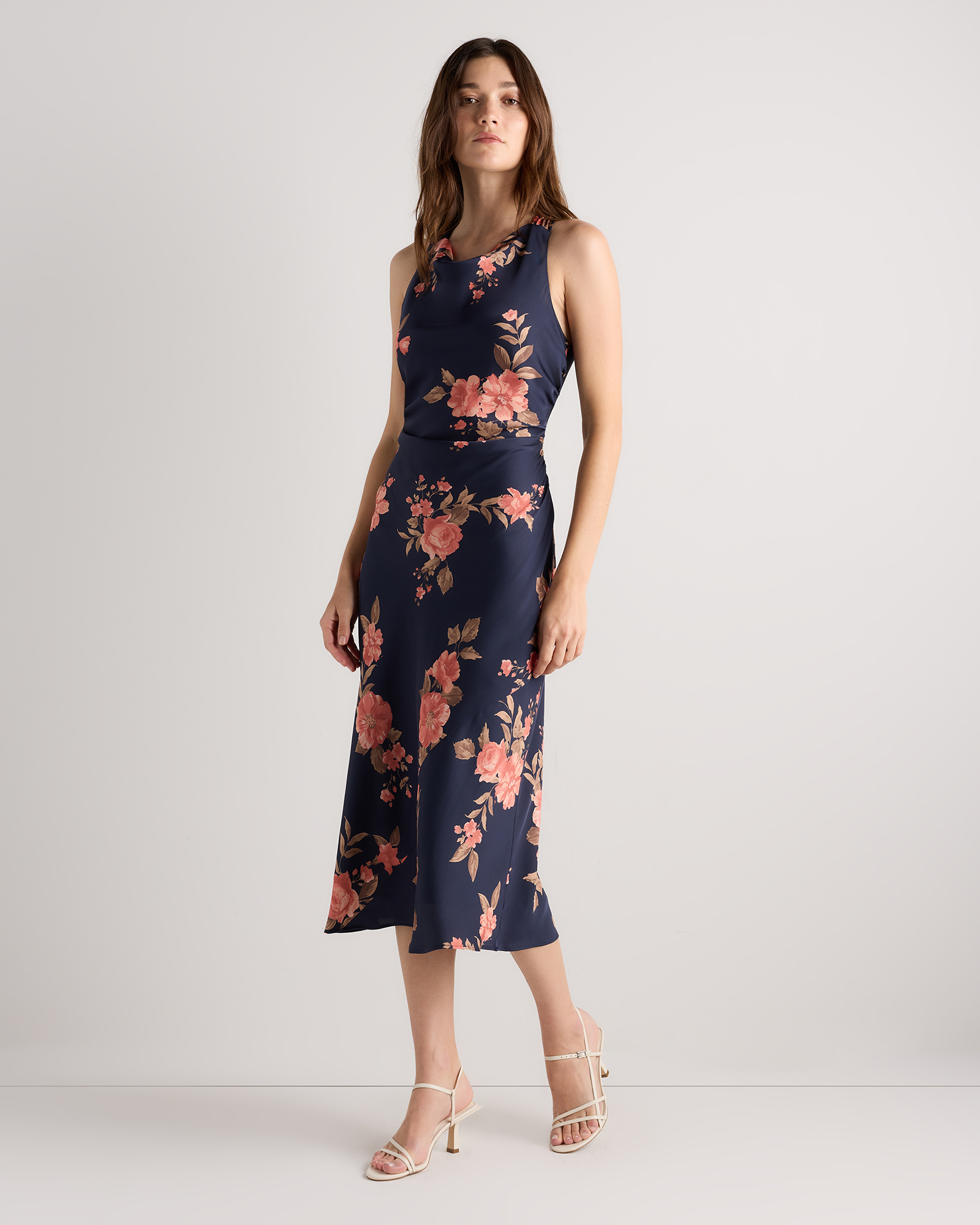 Washable Stretch Silk High Neck Midi Dress