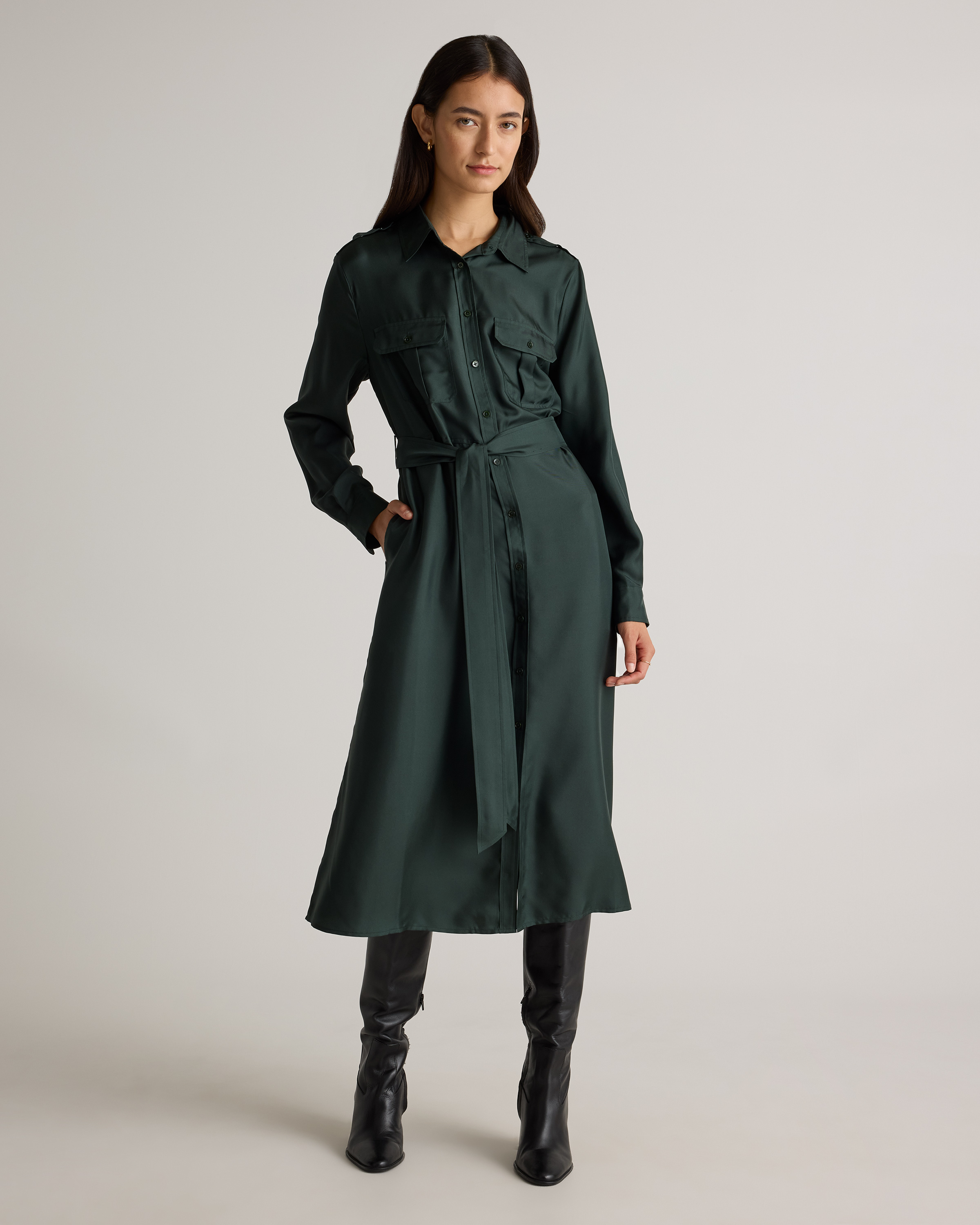 100% Silk Twill Utility Shirt Dress