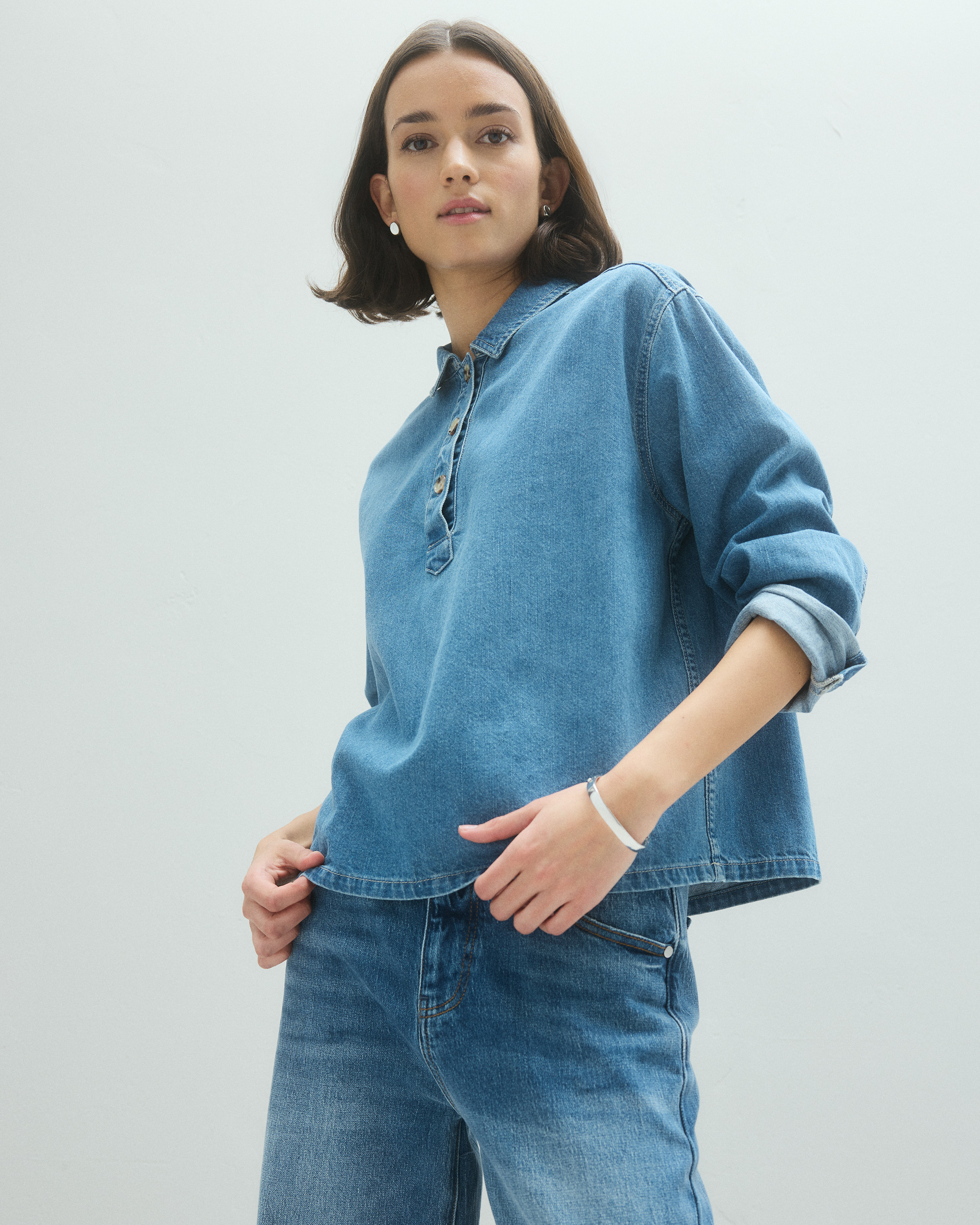 Distressed Denim Popover Shirt