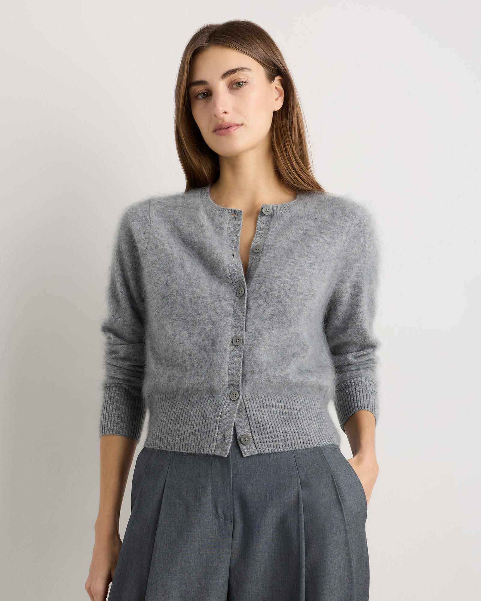 Brushed Cashmere Cropped Crewneck Cardigan