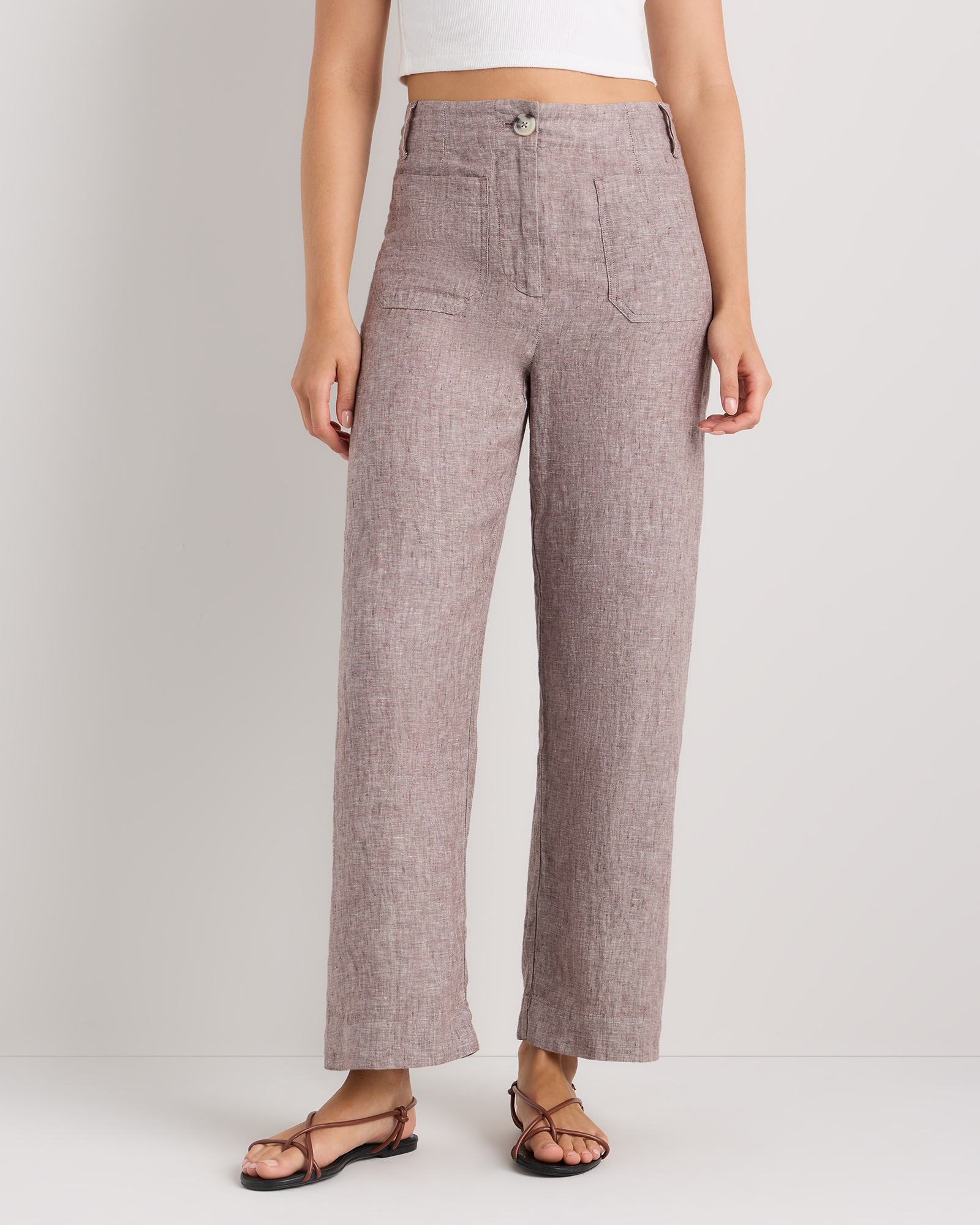 100% European Linen Patch Pocket Wide Leg Pants