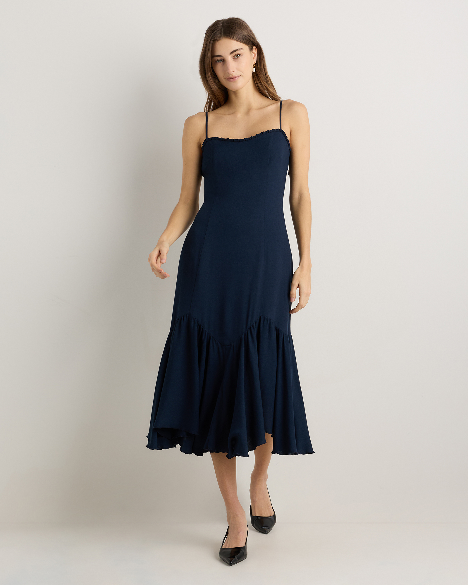 Lightweight Crepe Pleated Hem Midi Dress