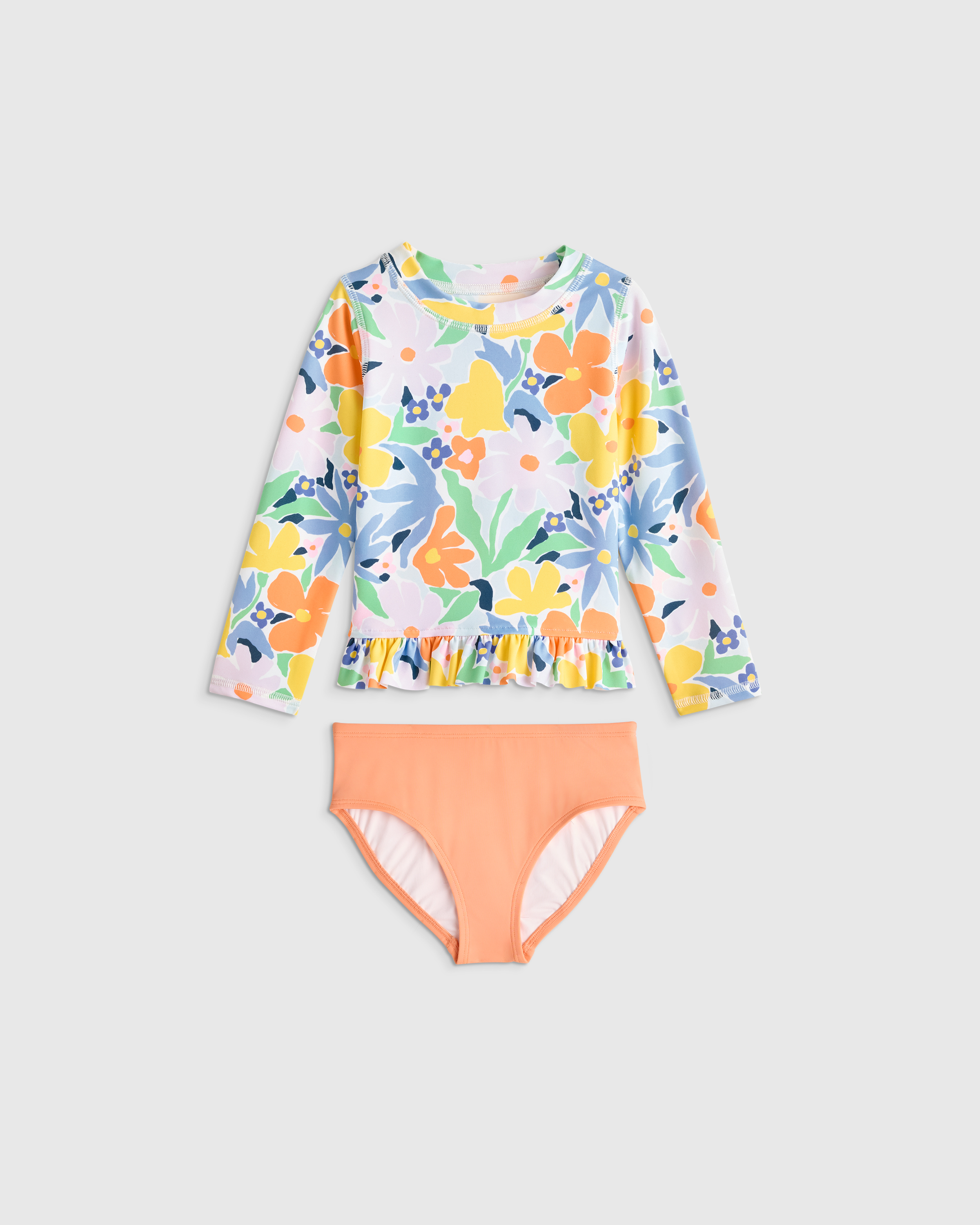 Long Sleeve Ruffle Rash Guard Two-Piece Swimsuit