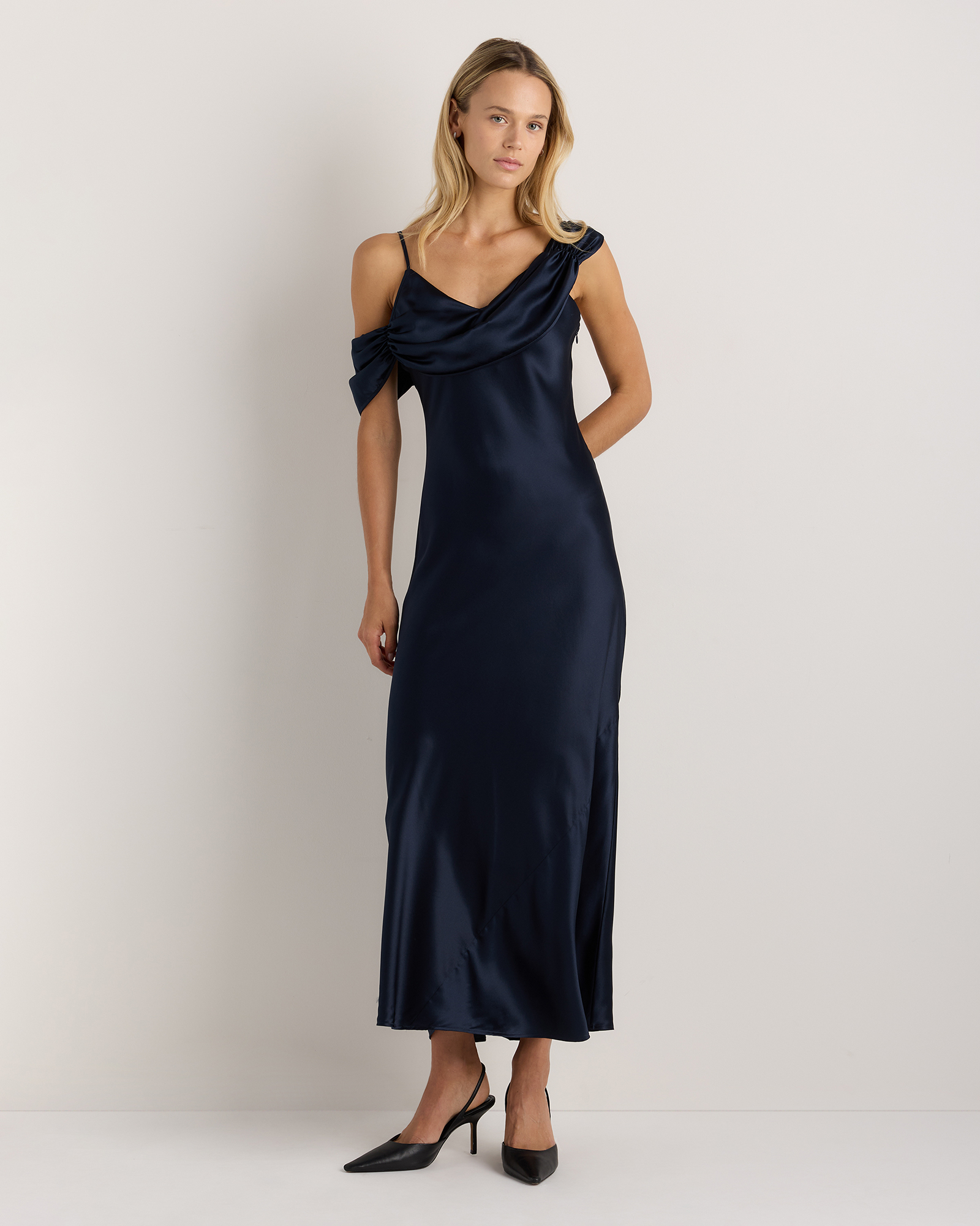 100% Washable Silk Draped Shoulder Maxi Dress