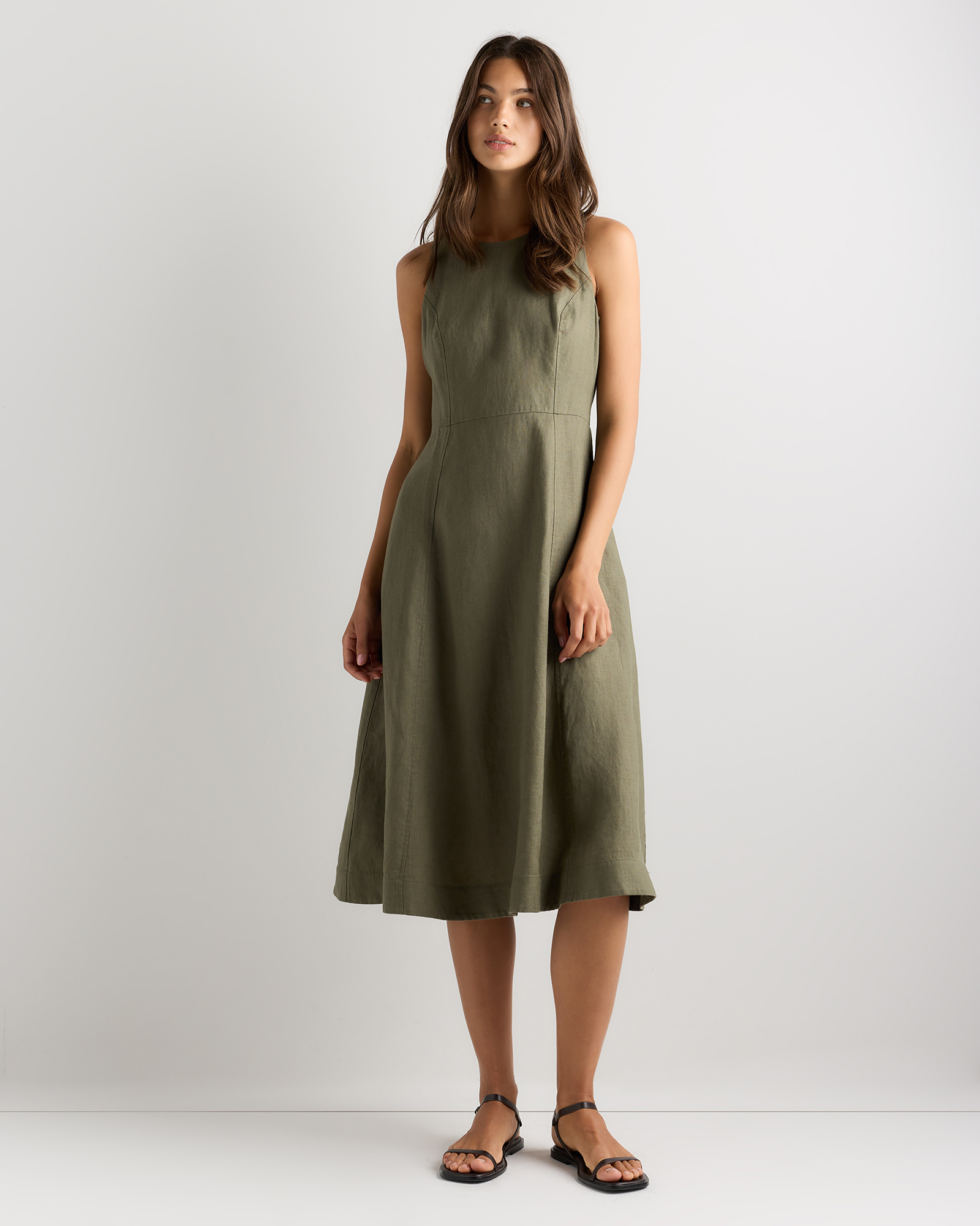 100% European Linen High Neck Midi Dress