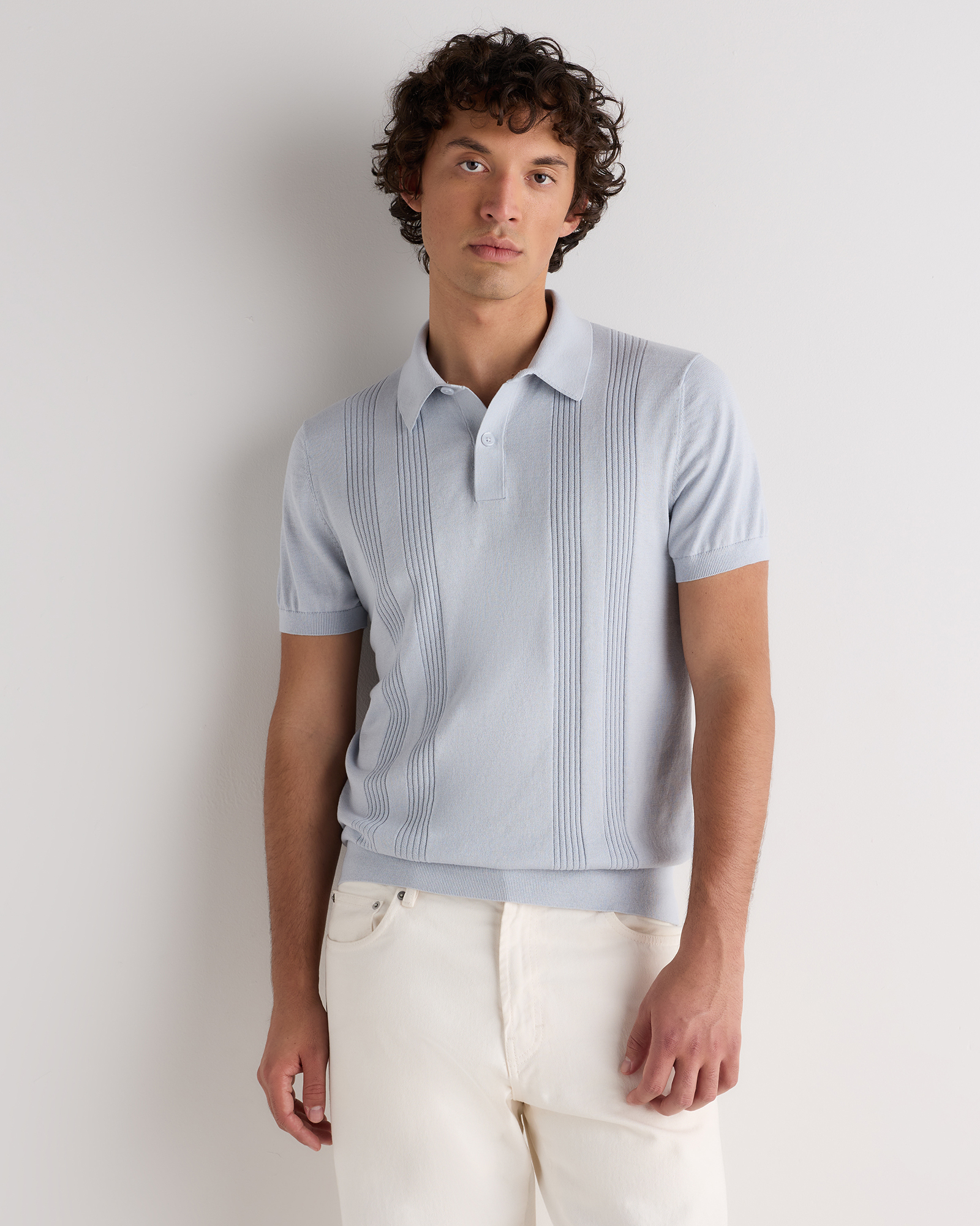 Cotton-Silk Ribbed Short Sleeve Sweater Polo