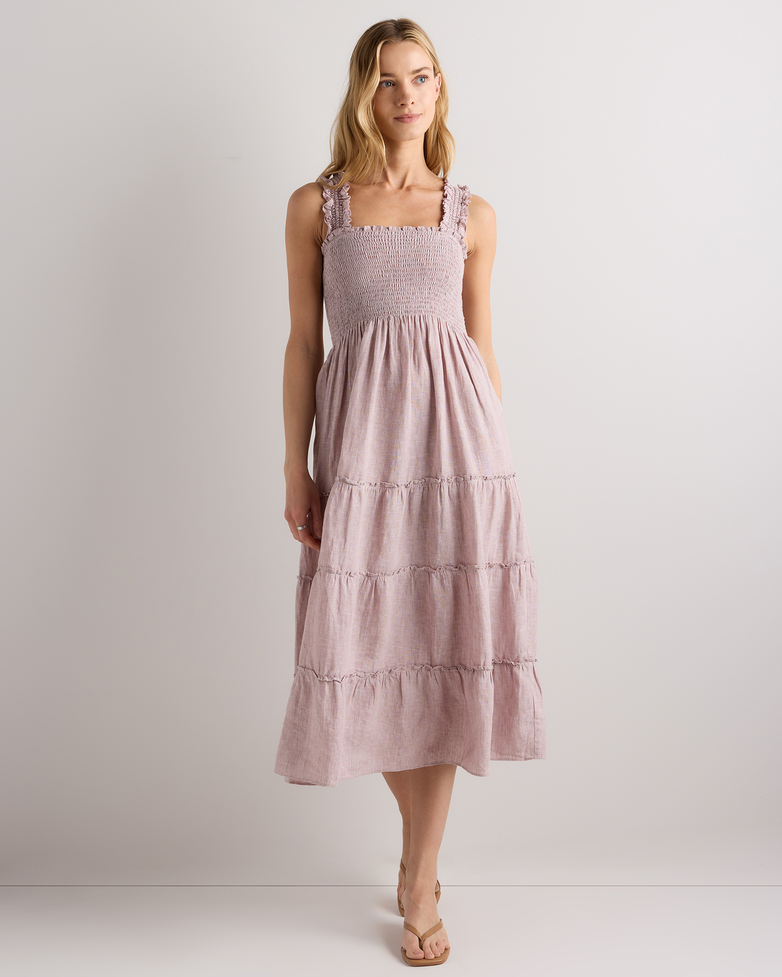 100% European Linen Smocked Midi Dress