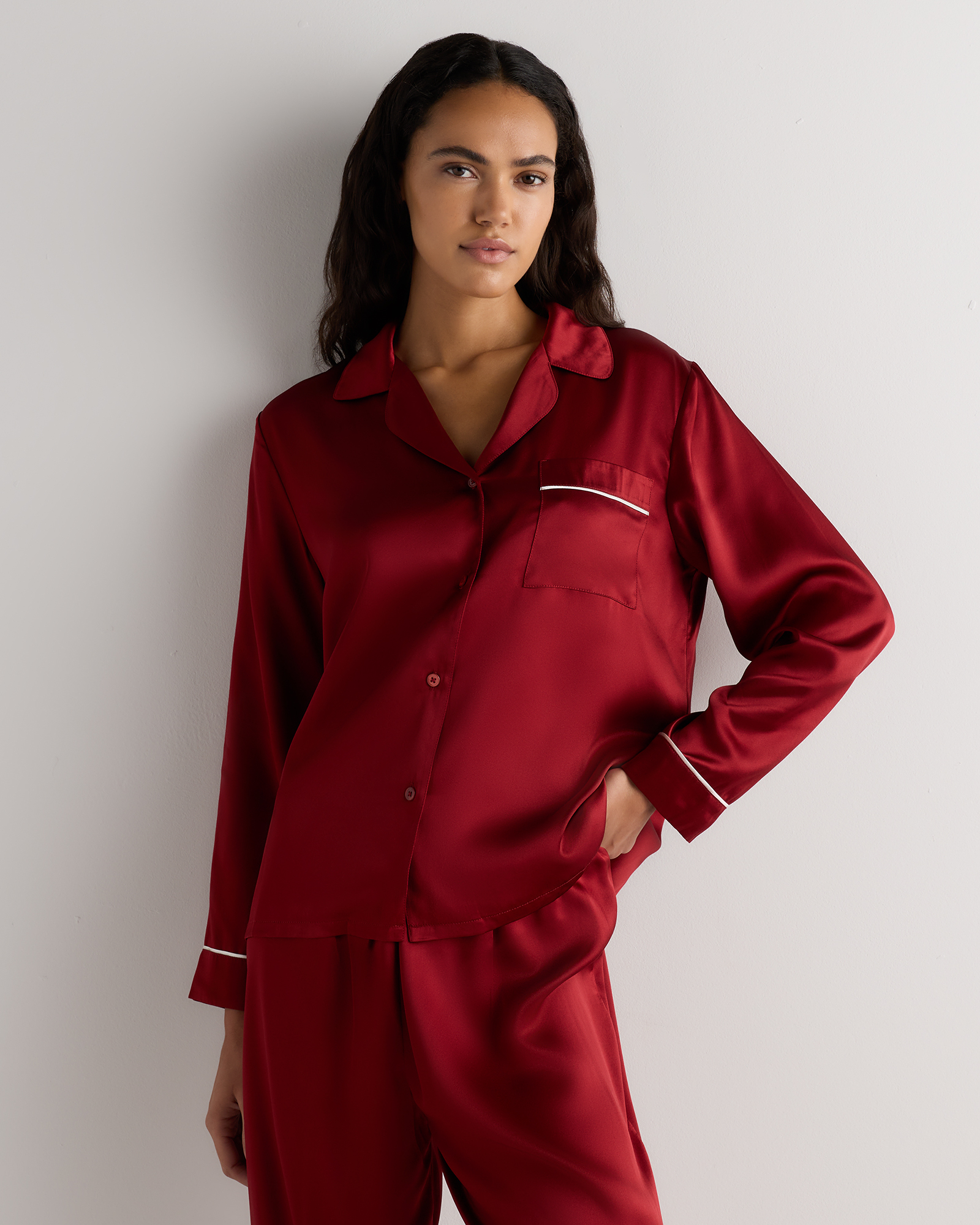 100% Washable Silk Satin Pajama Long Sleeve Top