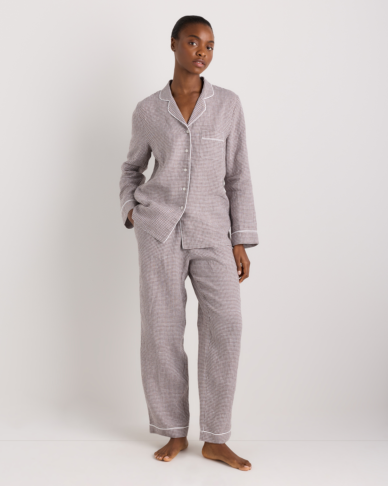 100% European Linen Long Sleeve Pajama Set with Piping