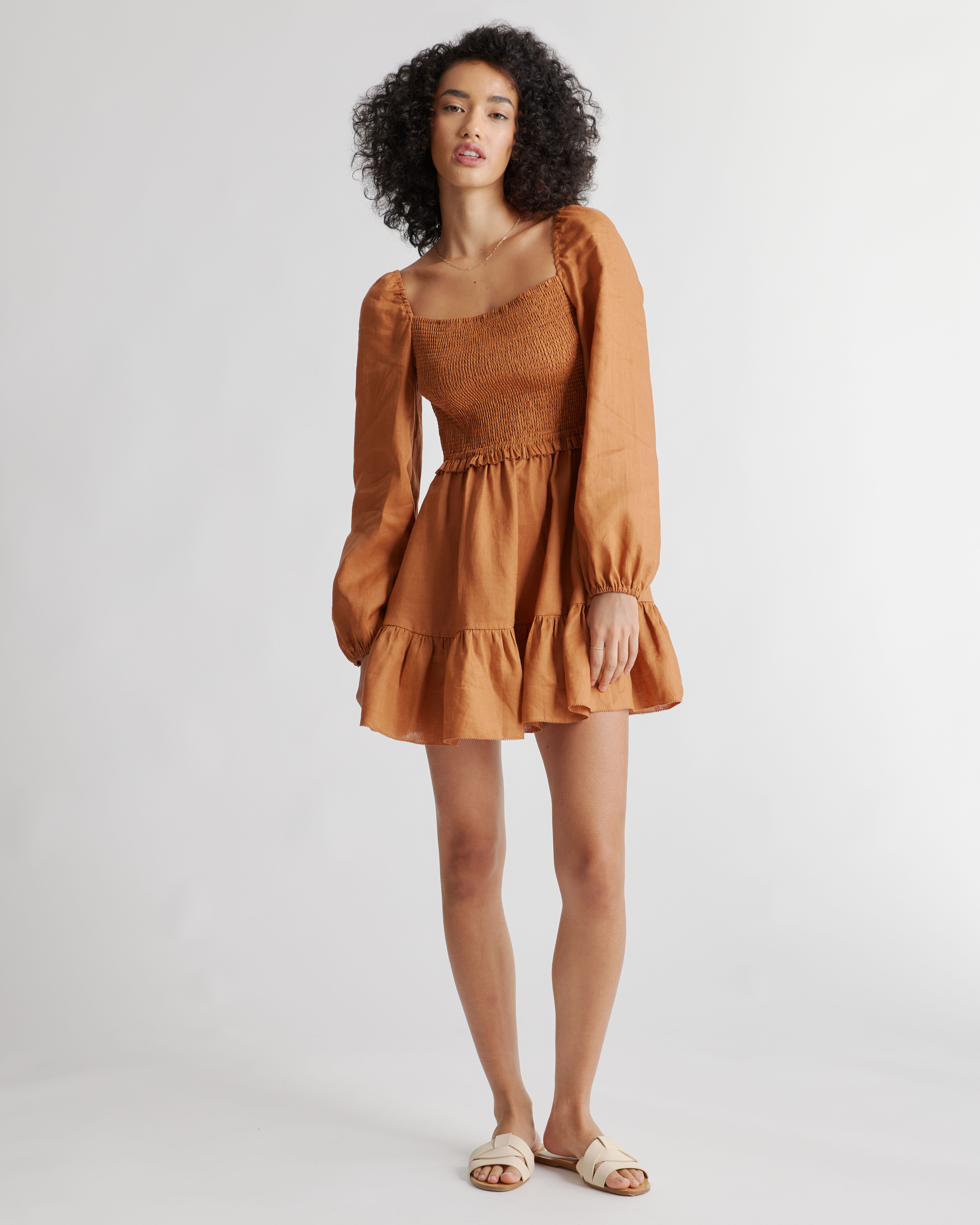 100% European Linen Smocked Mini Dress