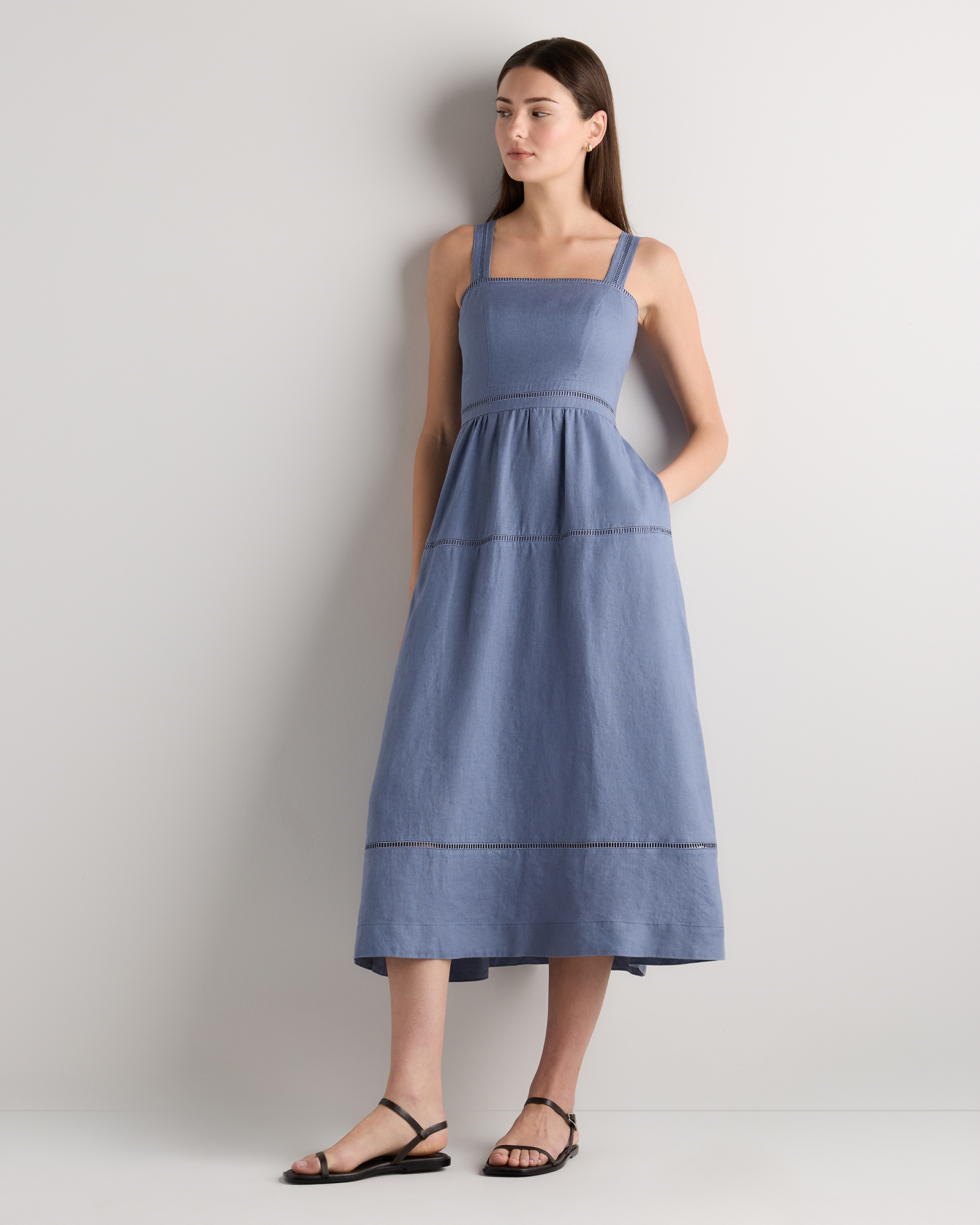 100% European Linen Ladder Stitch Midi Dress