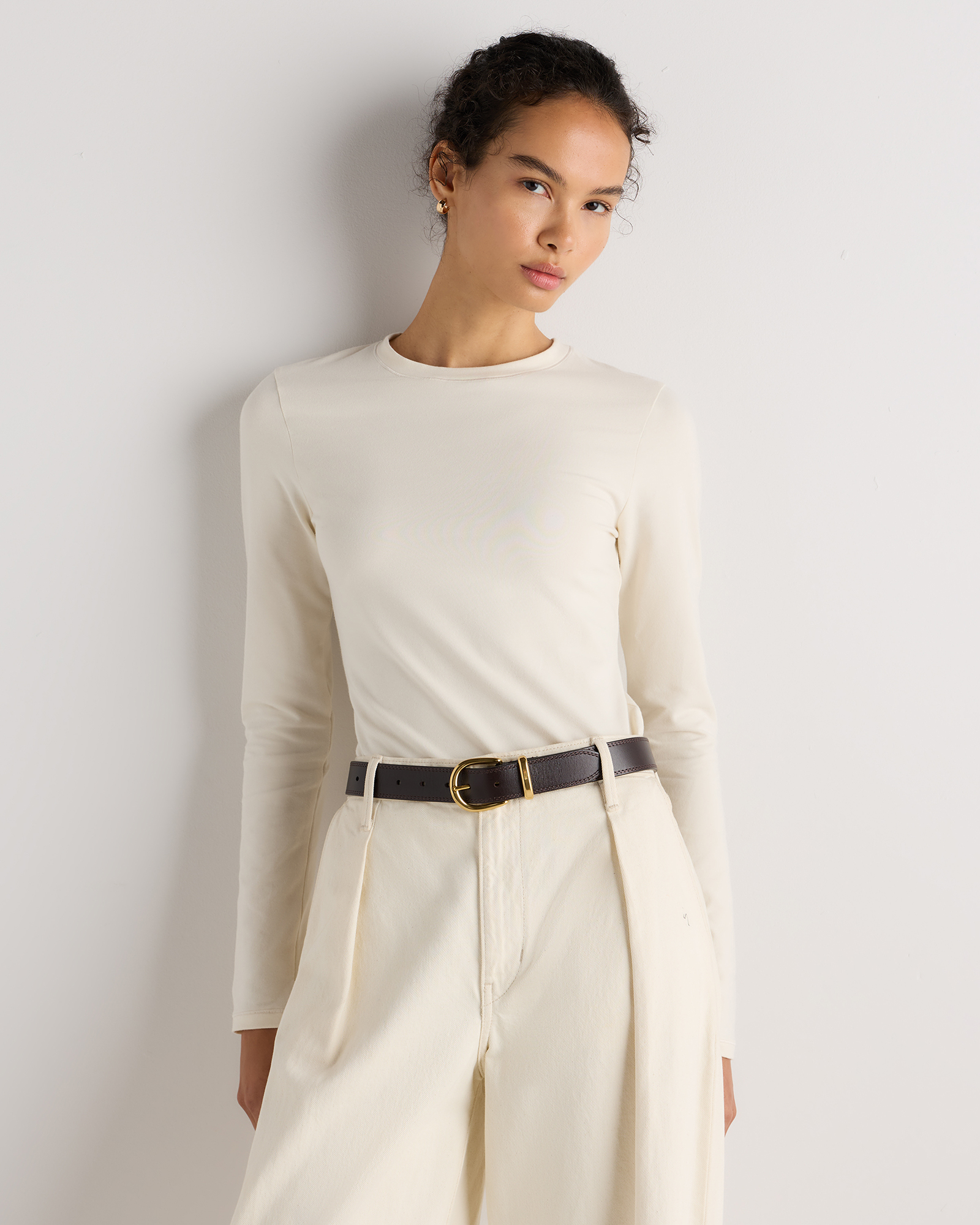 Stretch Cotton Jersey Cropped Fitted Long Sleeve T-Shirt