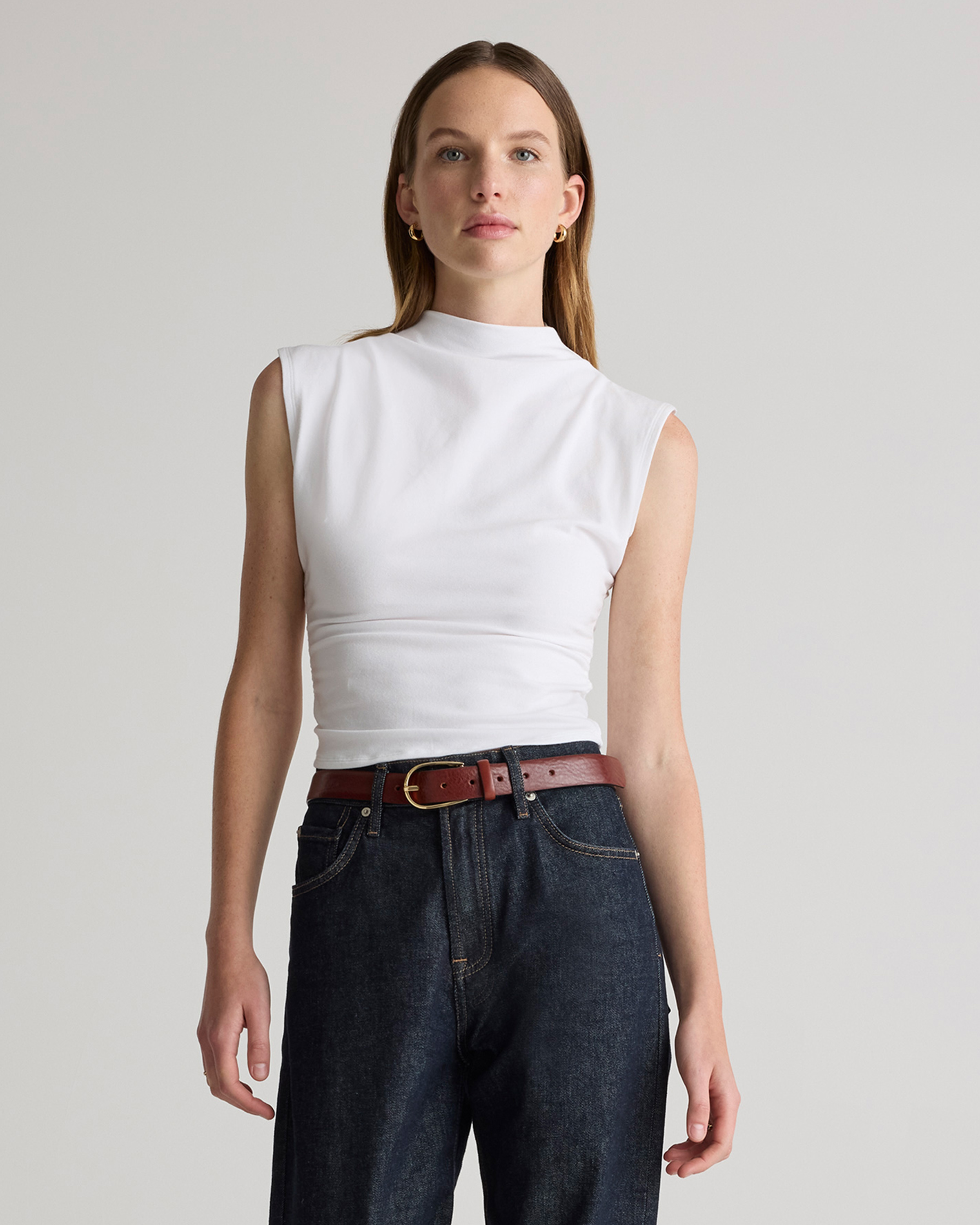 Stretch Cotton Jersey Sleeveless Mock Neck Top