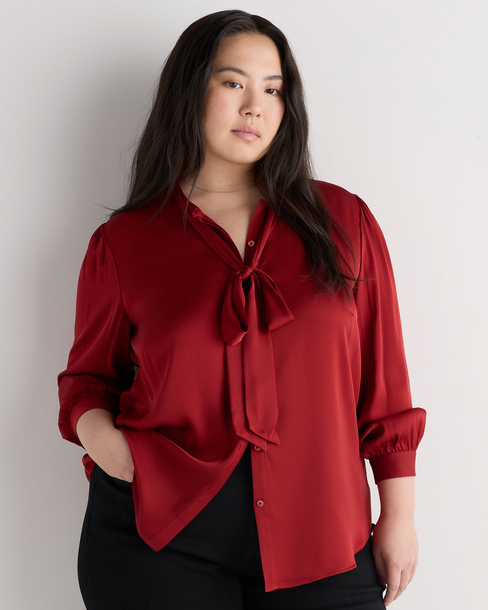Washable Stretch Silk Tie Neck Blouse