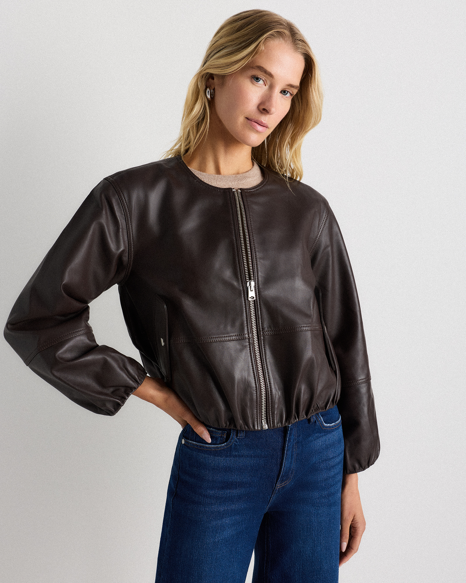 100% Leather Collarless Cropped Bubble Hem Jacket