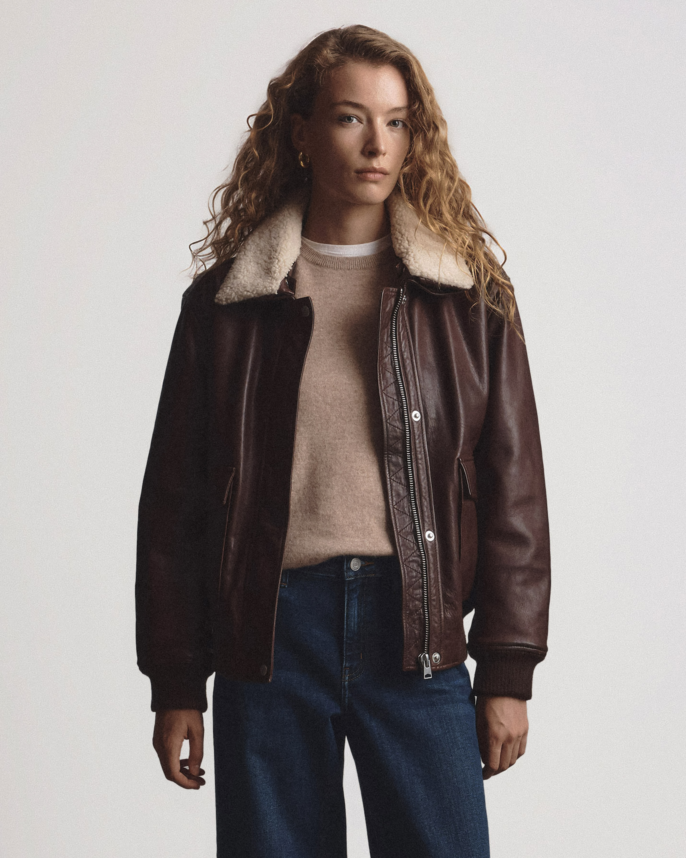 100% Leather Shearling Trim Aviator Jacket